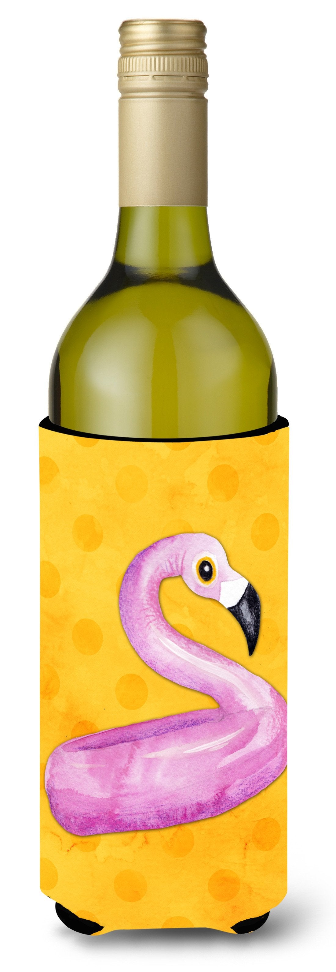 Flamingo Floaty Yellow Polkadot Wine Bottle Beverge Insulator Hugger BB8257LITERK by Caroline&#39;s Treasures