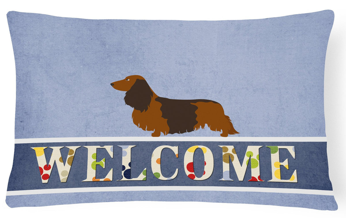 Longhaired Dachshund Welcome Canvas Fabric Decorative Pillow BB8287PW1216 by Caroline&#39;s Treasures
