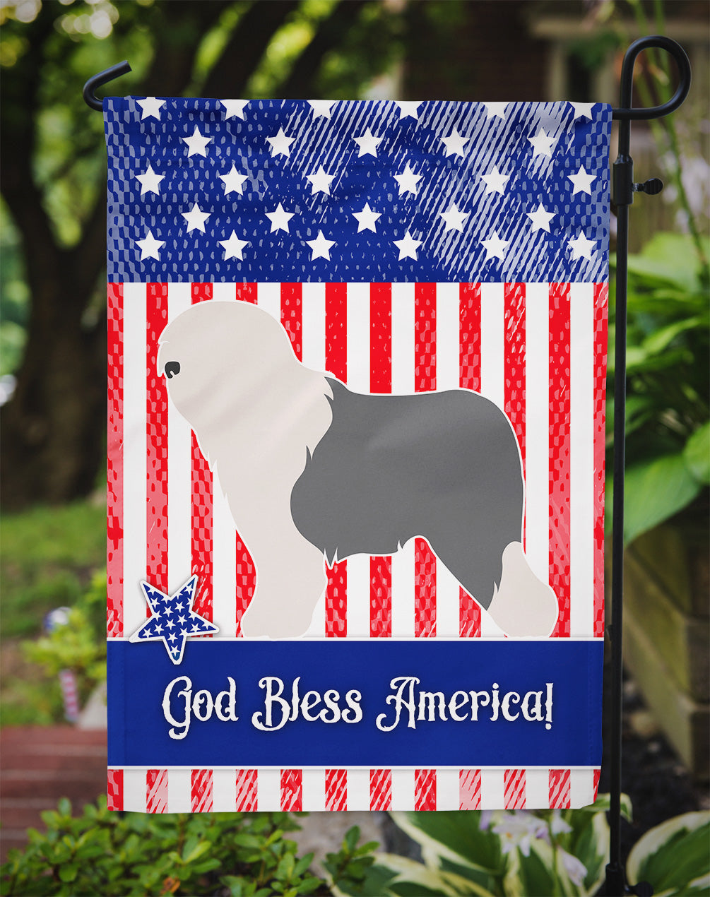 Old English Sheepdog Bobtail American Flag Garden Size BB8375GF