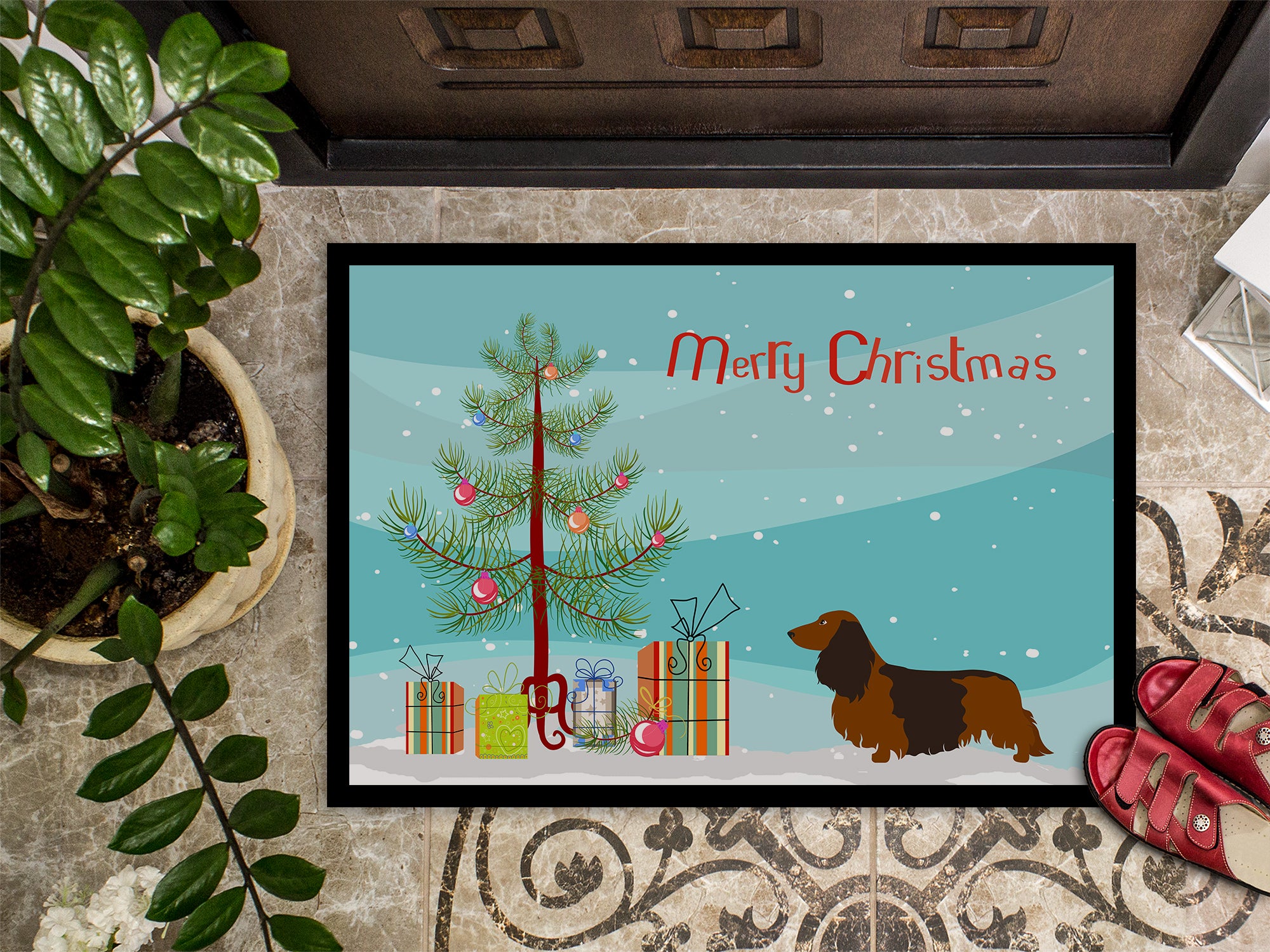 Longhaired Dachshund Christmas Indoor or Outdoor Mat 18x27 BB8449MAT - the-store.com