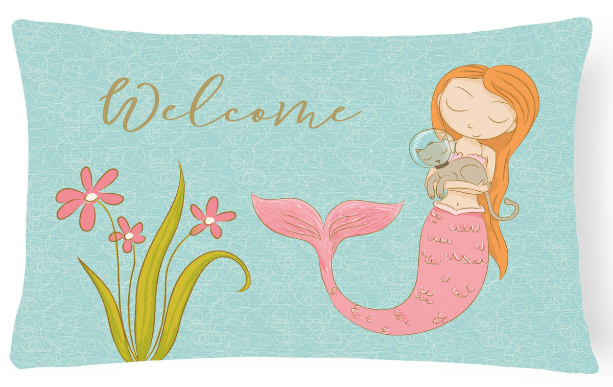 Mermaid with Cat Welcome Canvas Fabric Decorative Pillow BB8548PW1216 by Caroline&#39;s Treasures