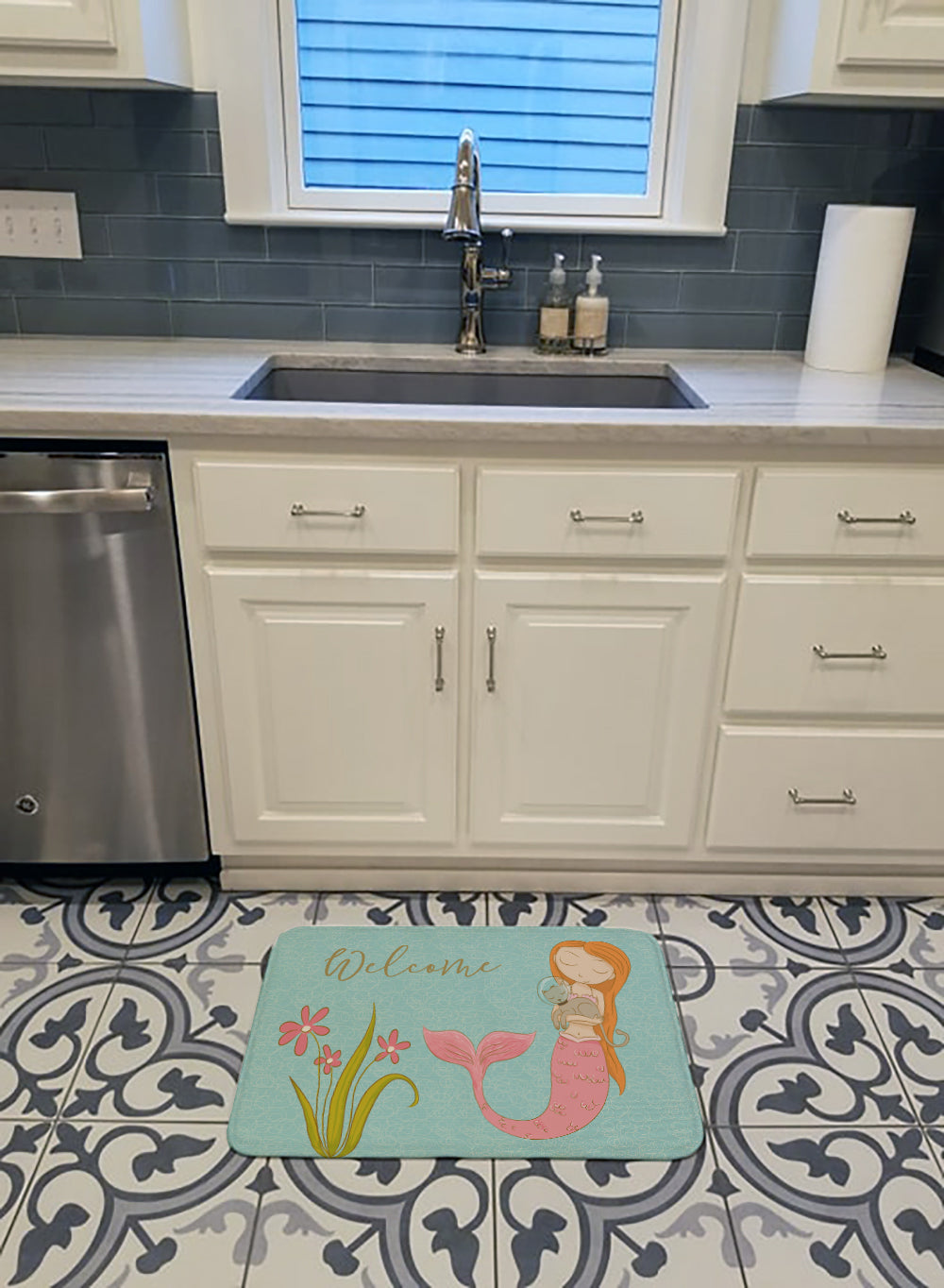 Mermaid with Cat Welcome Machine Washable Memory Foam Mat BB8548RUG - the-store.com