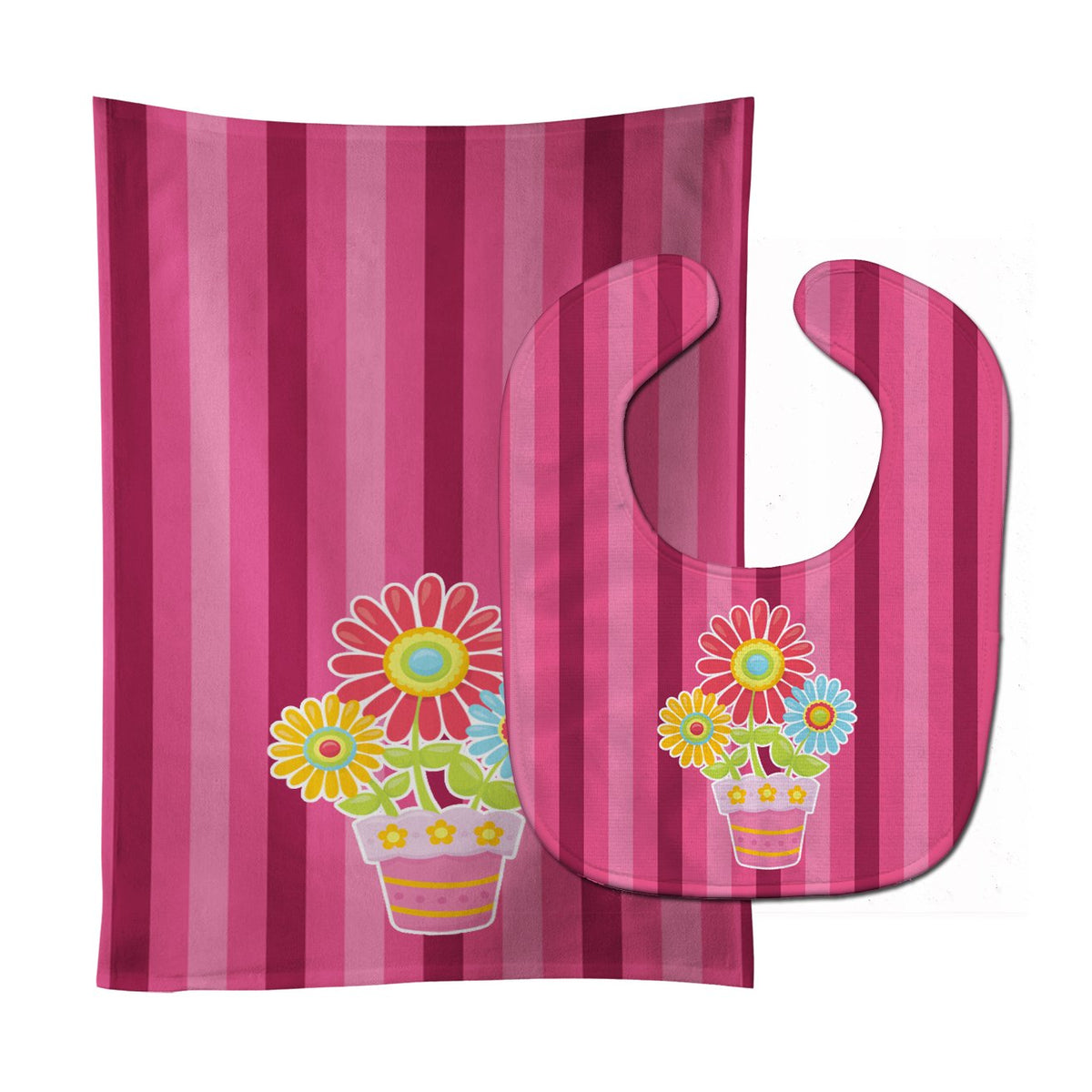 Flower Pot Pink Baby Bib &amp; Burp Cloth BB9057STBU by Caroline&#39;s Treasures