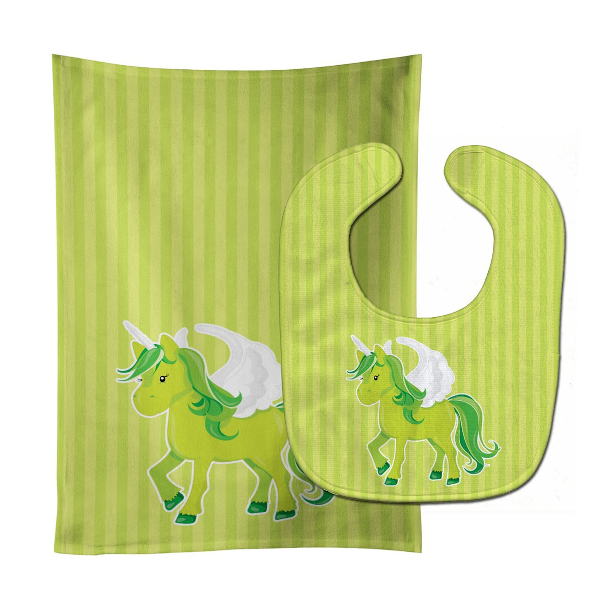 Unicorn Green Stripes Baby Bib &amp; Burp Cloth BB9088STBU by Caroline&#39;s Treasures