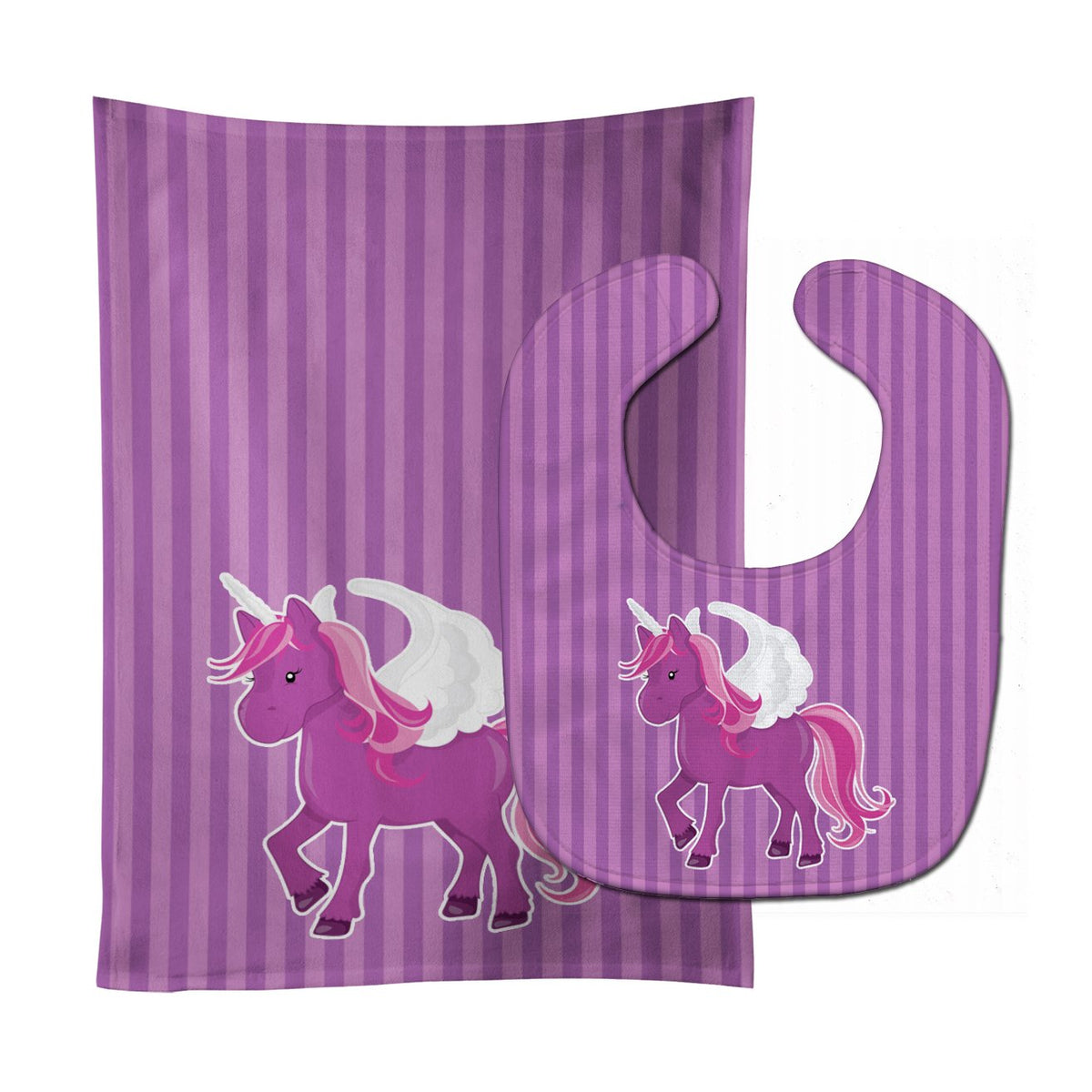 Unicorn Purple Stripes Baby Bib &amp; Burp Cloth BB9089STBU by Caroline&#39;s Treasures
