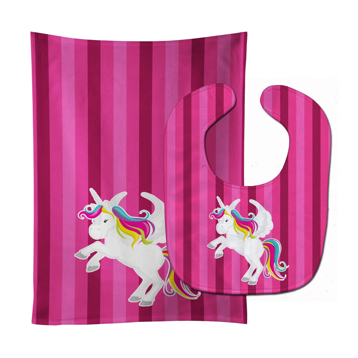 Unicorn Pink Stripes Baby Bib &amp; Burp Cloth BB9090STBU by Caroline&#39;s Treasures