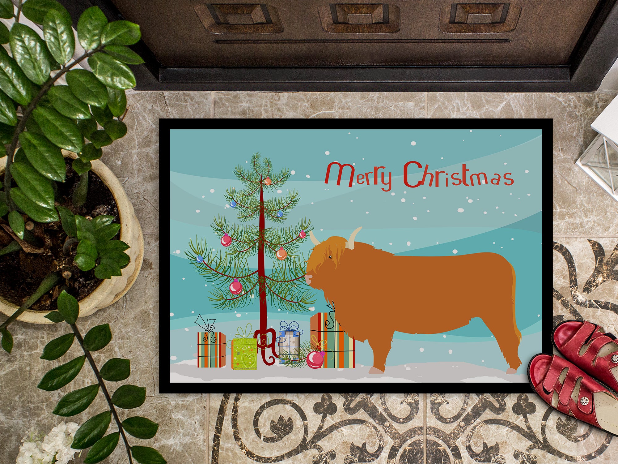 Highland Cow Christmas Indoor or Outdoor Mat 18x27 BB9187MAT - the-store.com