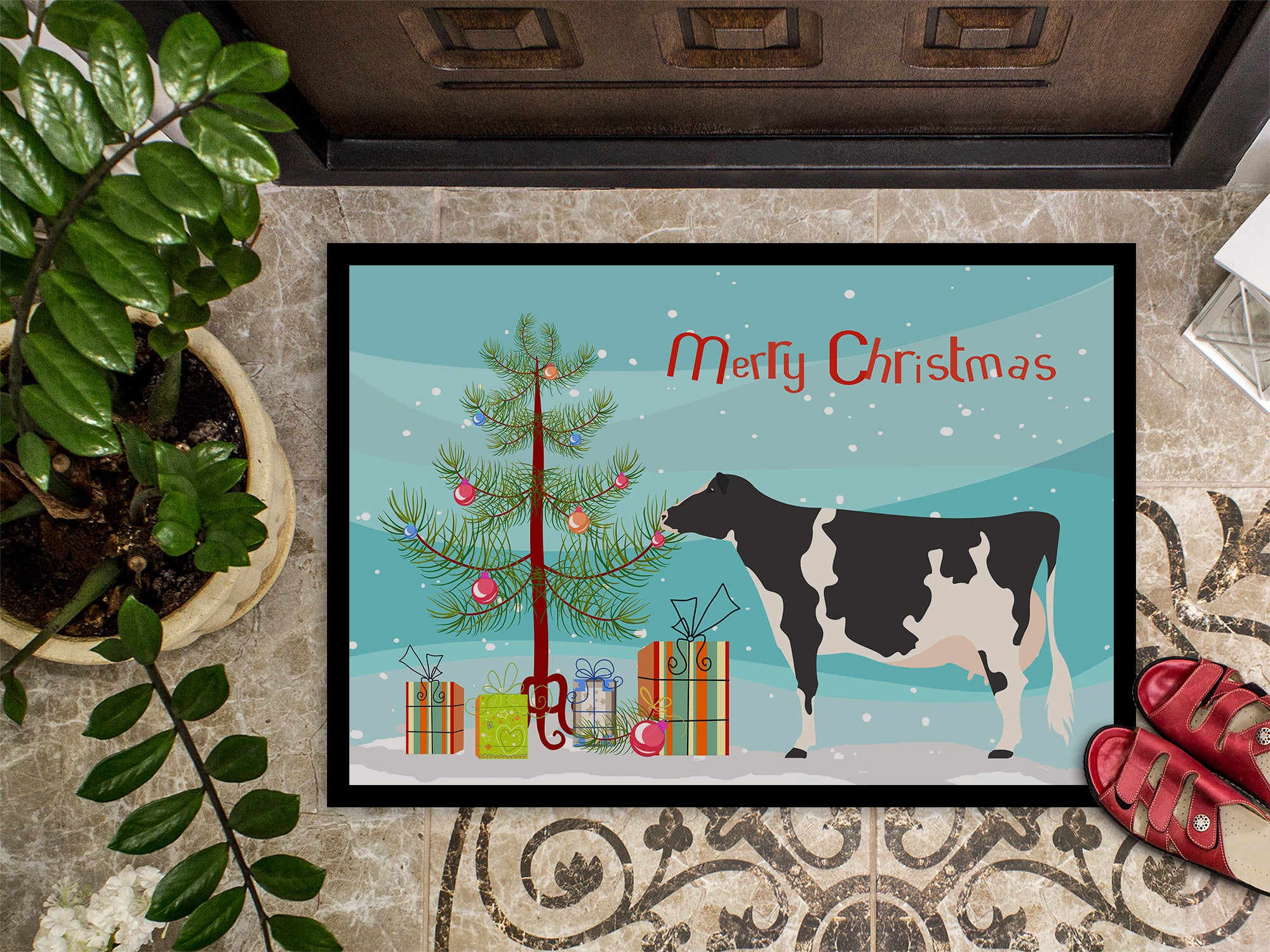 Holstein Cow Christmas Indoor or Outdoor Mat 18x27 BB9189MAT - the-store.com