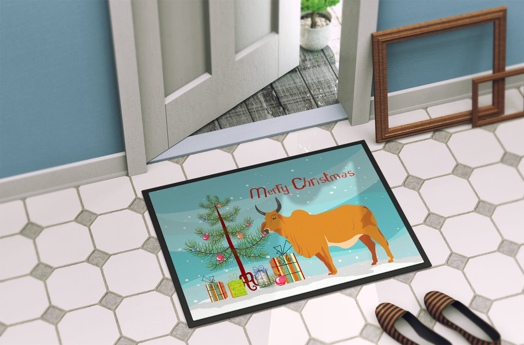 Zebu Indicine Cow Christmas Indoor or Outdoor Mat 18x27 BB9192MAT - the-store.com