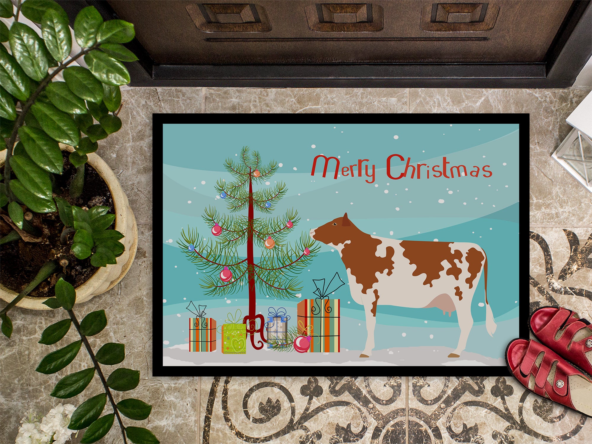 Ayrshire Cow Christmas Indoor or Outdoor Mat 18x27 BB9194MAT - the-store.com