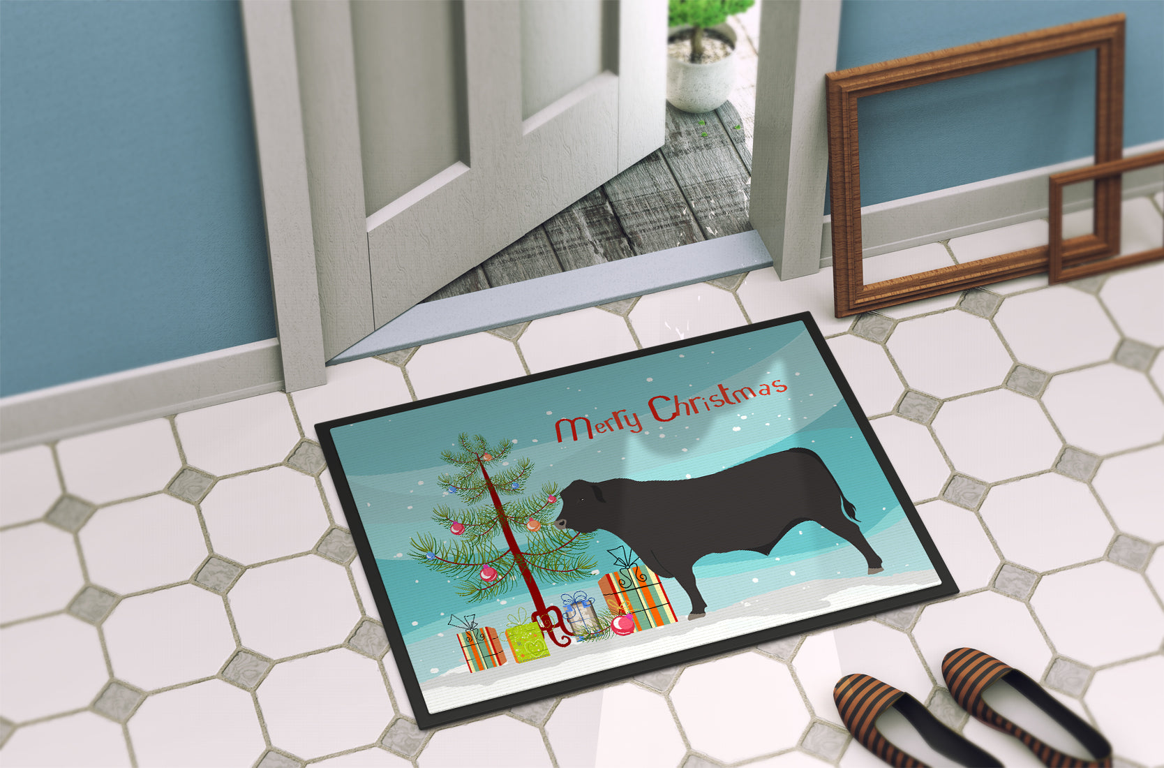 Black Angus Cow Christmas Indoor or Outdoor Mat 18x27 BB9195MAT - the-store.com