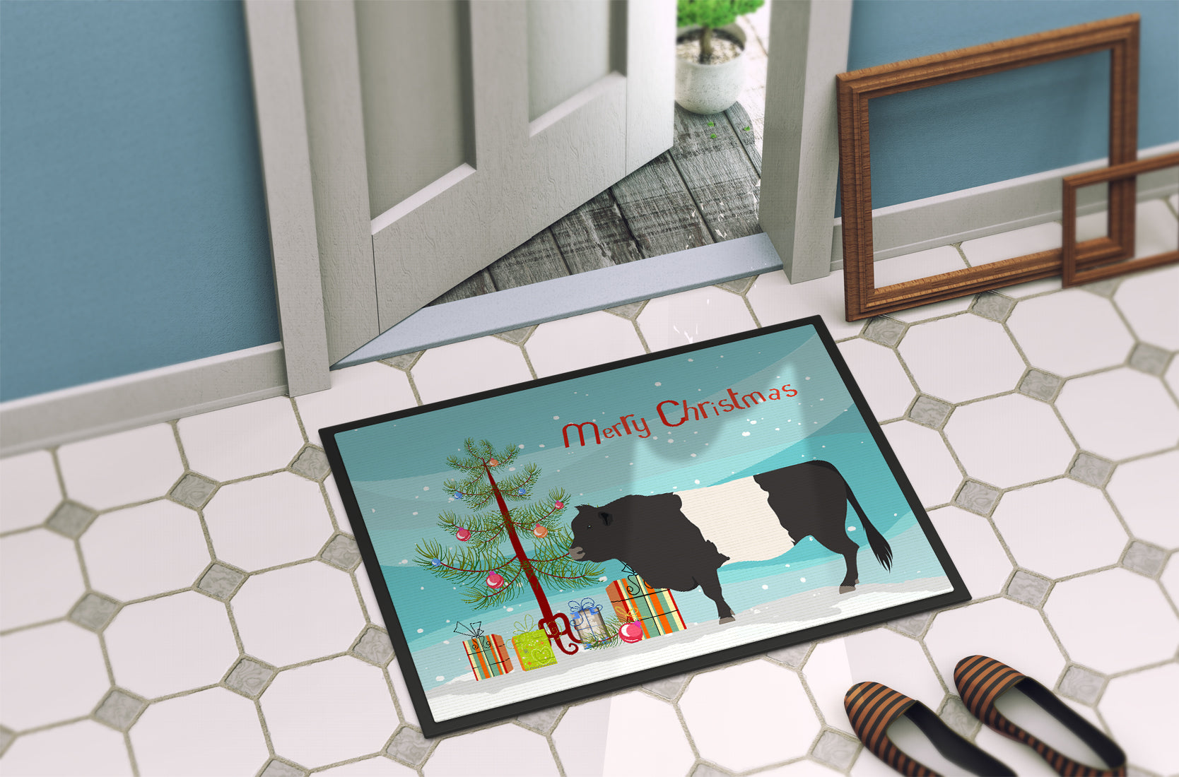 Belted Galloway Cow Christmas Indoor or Outdoor Mat 18x27 BB9198MAT - the-store.com