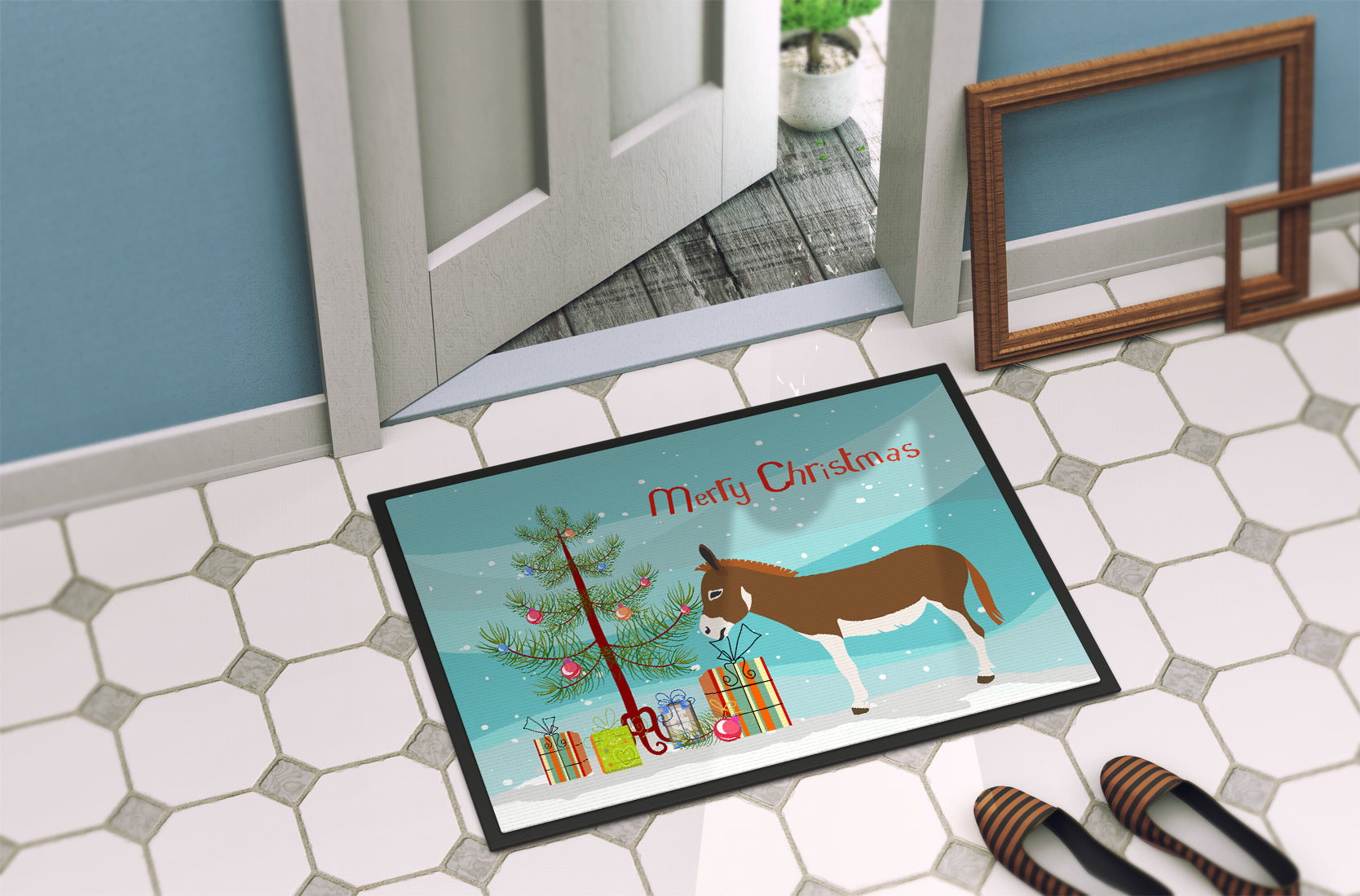 Miniature Mediterranian Donkey Christmas Indoor or Outdoor Mat 18x27 BB9214MAT - the-store.com