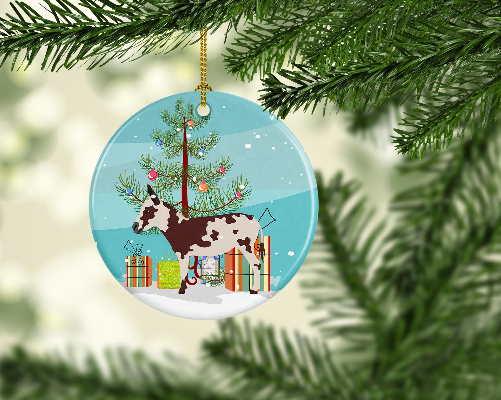 Caroline's Treasures American Spotted Donkey Christmas Ornament - Round Ceramic Ornament – Artist-Designed Keepsake Decoration BB9218CO1