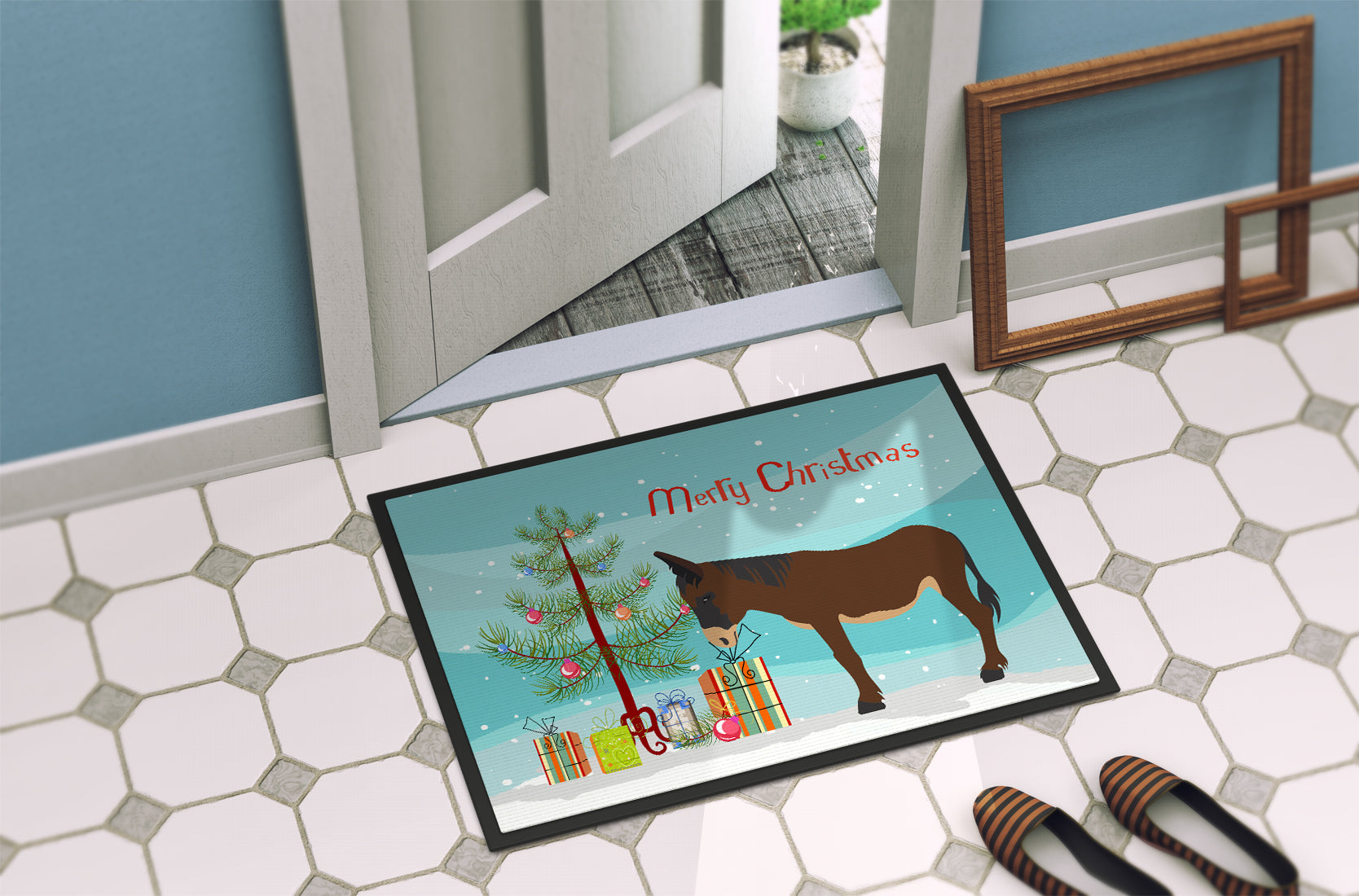 Zamorano-Leones Donkey Christmas Indoor or Outdoor Mat 18x27 BB9220MAT - the-store.com