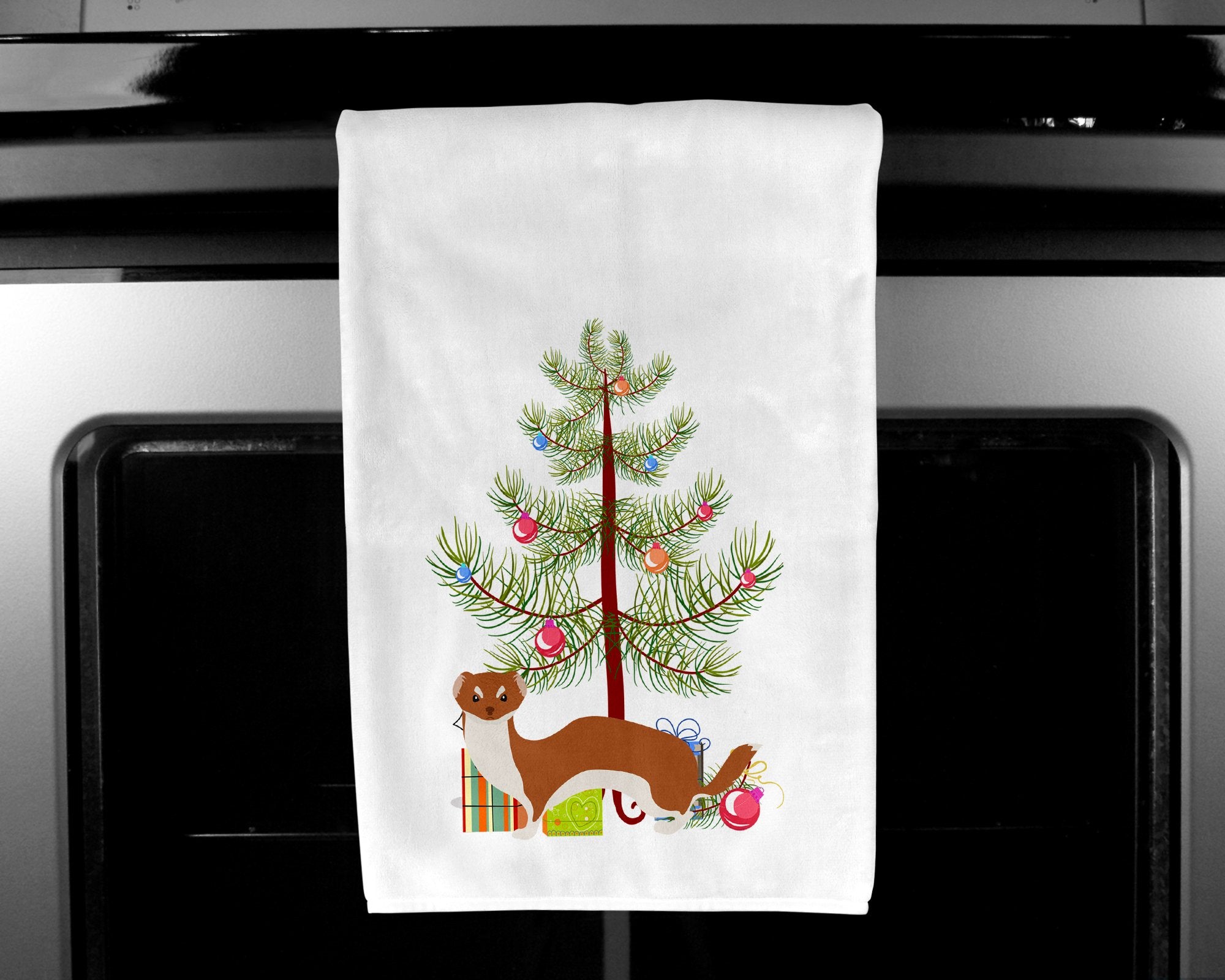 Weasel Christmas White Kitchen Towel Set of 2 BB9237WTKT by Caroline's Treasures