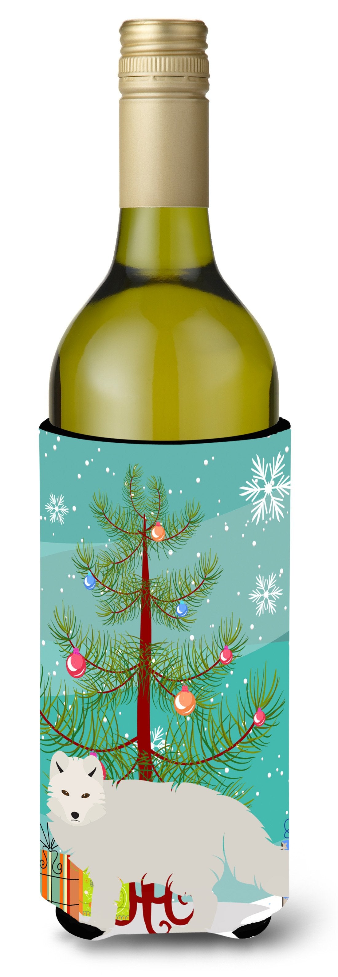 White Arctic Fox Christmas Wine Bottle Beverge Insulator Hugger BB9244LITERK by Caroline&#39;s Treasures