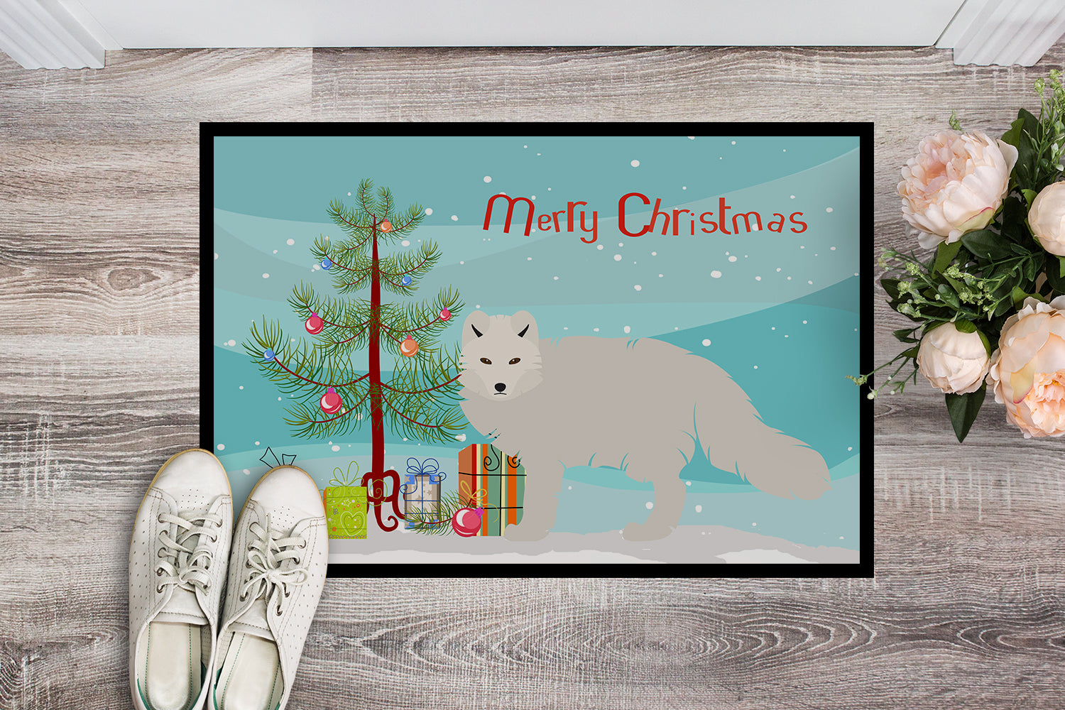 White Arctic Fox Christmas Indoor or Outdoor Mat 18x27 BB9244MAT - the-store.com