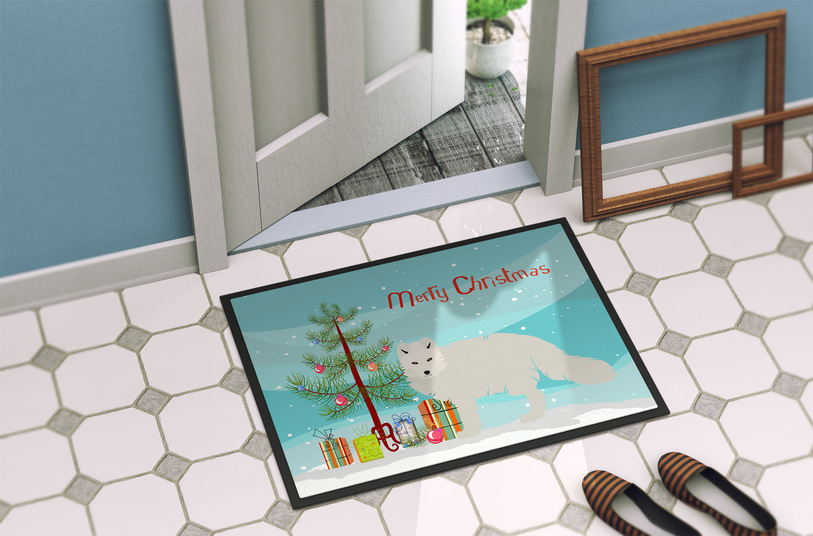 White Arctic Fox Christmas Indoor or Outdoor Mat 18x27 BB9244MAT - the-store.com