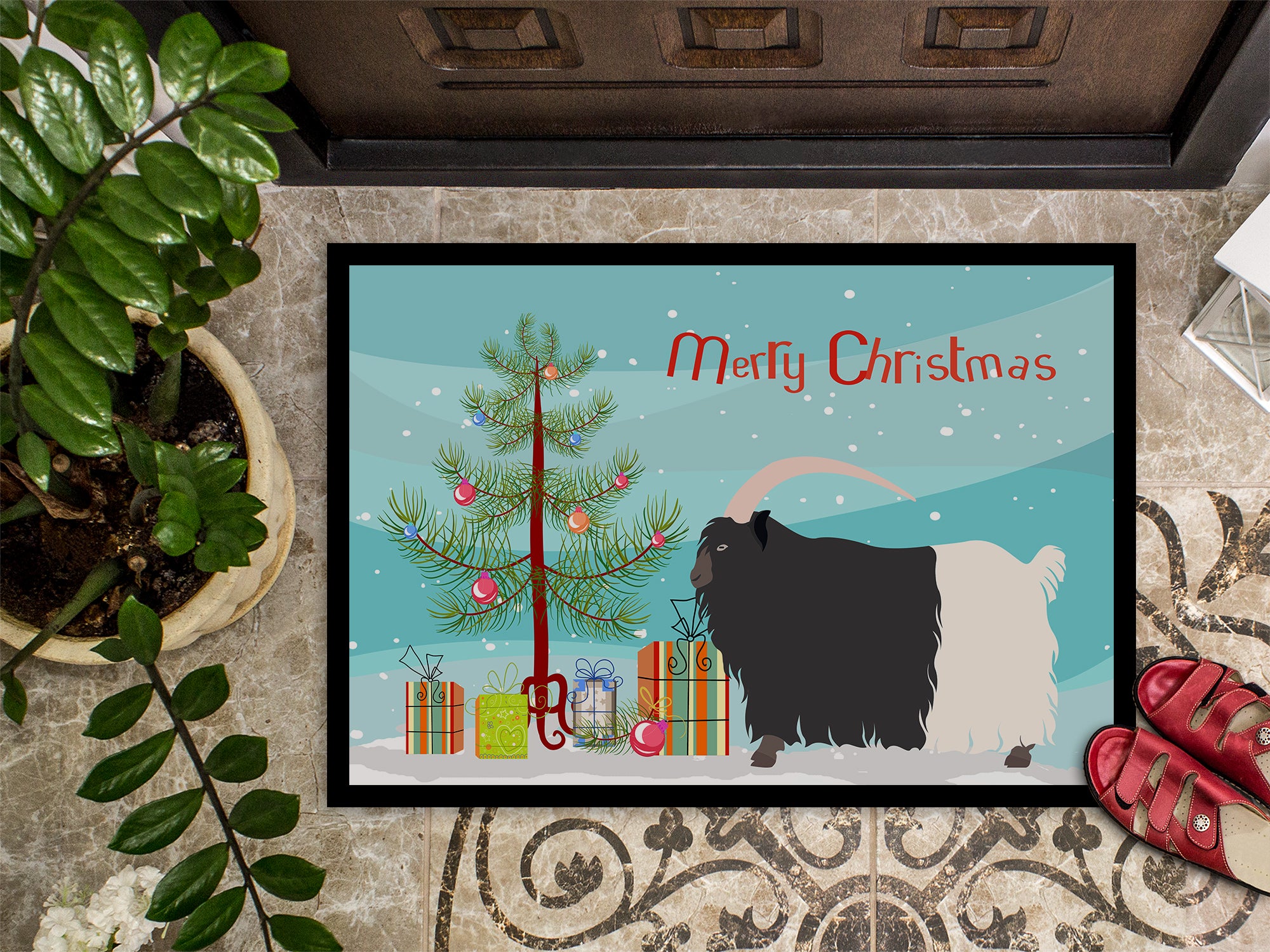 Welsh Black-Necked Goat Christmas Indoor or Outdoor Mat 18x27 BB9254MAT - the-store.com