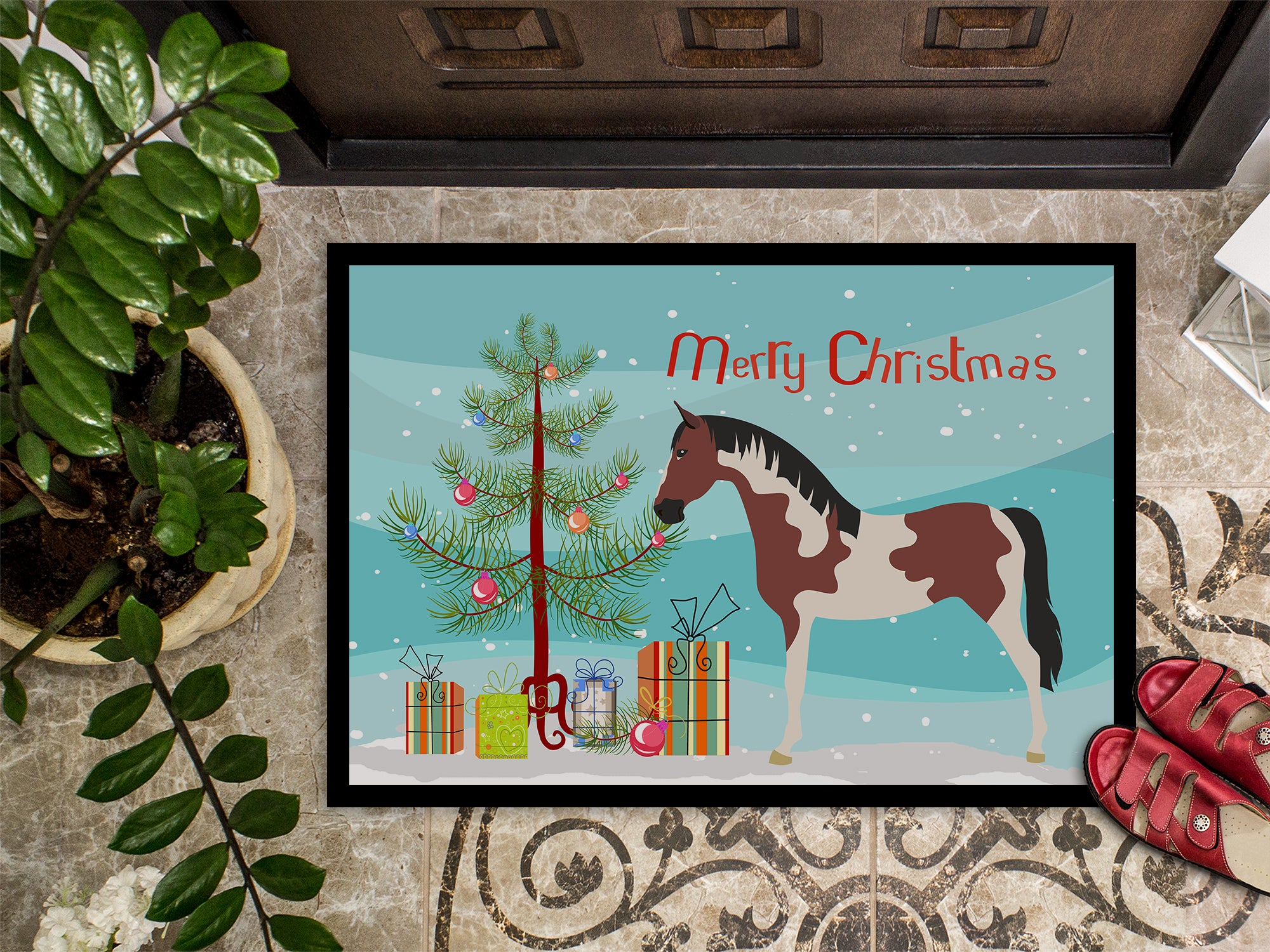 Pinto Horse Christmas Indoor or Outdoor Mat 18x27 BB9274MAT - the-store.com