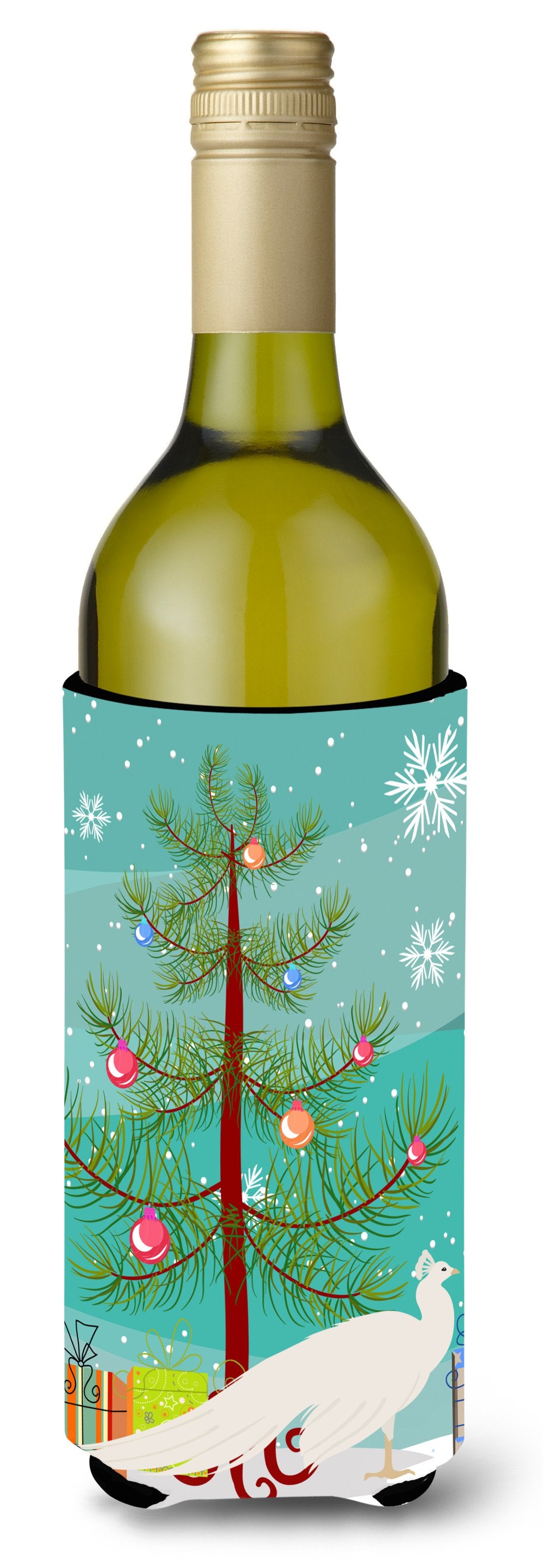 White Peacock Peafowl Christmas Wine Bottle Beverge Insulator Hugger BB9293LITERK by Caroline&#39;s Treasures