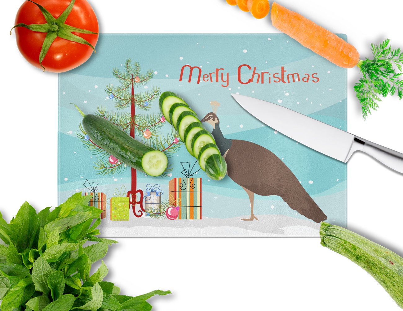 Indian Peahen Peafowl Christmas Glass Cutting Board Large BB9294LCB by Caroline's Treasures
