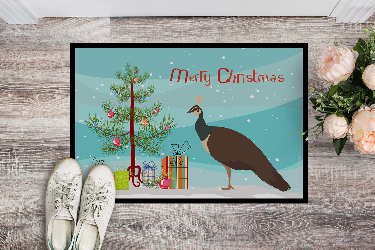 Indian Peahen Peafowl Christmas Indoor or Outdoor Mat 18x27 BB9294MAT - the-store.com