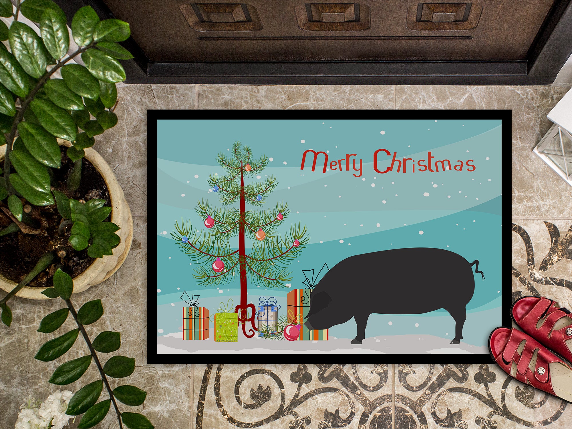 Devon Large Black Pig Christmas Indoor or Outdoor Mat 18x27 BB9298MAT - the-store.com