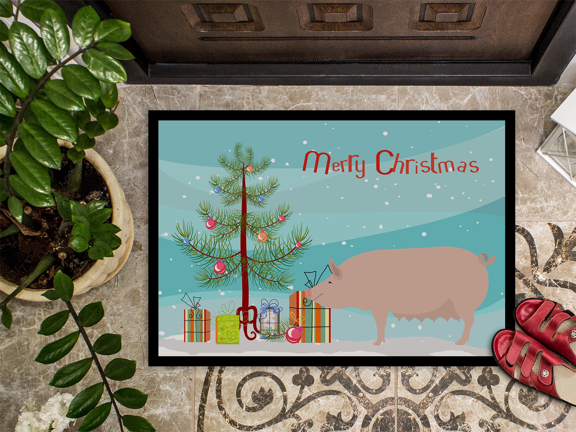 English Large White Pig Christmas Indoor or Outdoor Mat 18x27 BB9305MAT - the-store.com