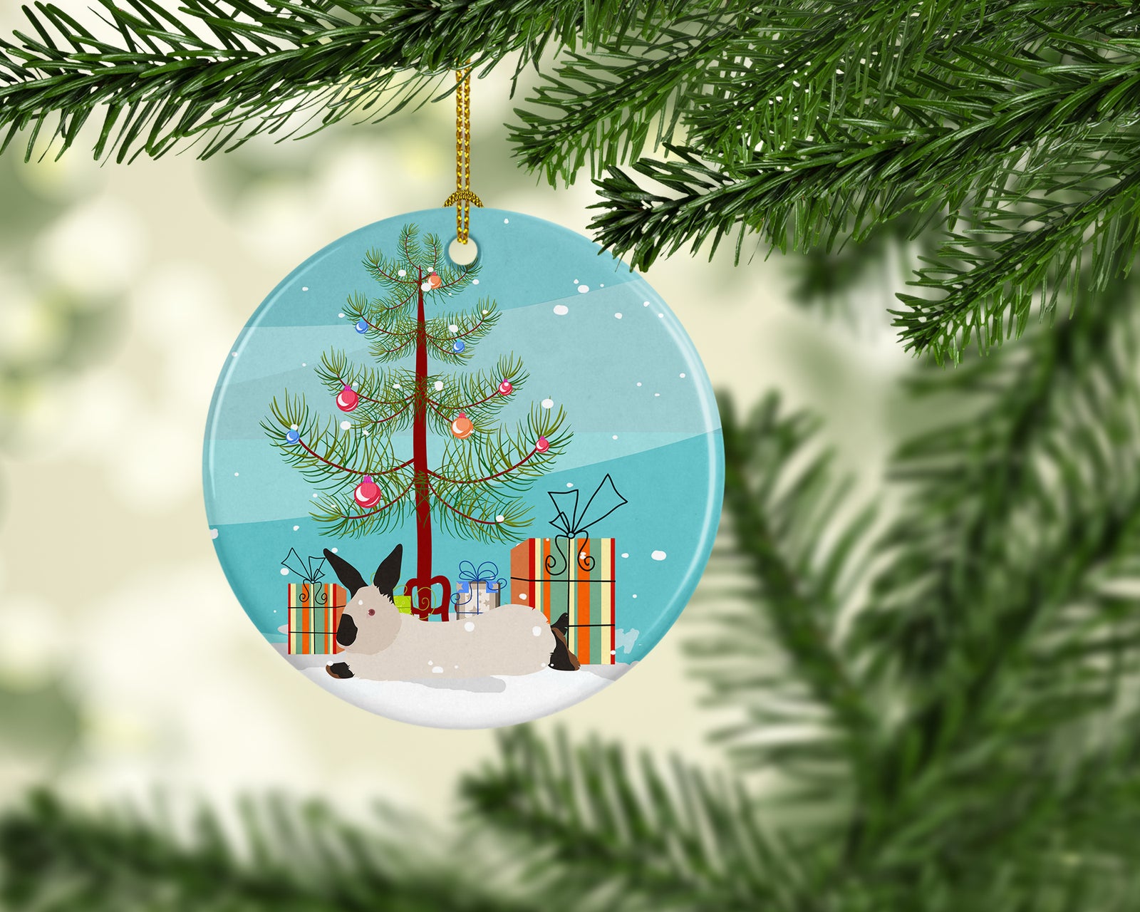 Caroline's Treasures California White Rabbit Christmas Ornament - Round Ceramic Ornament – Artist-Designed Keepsake Decoration BB9334CO1