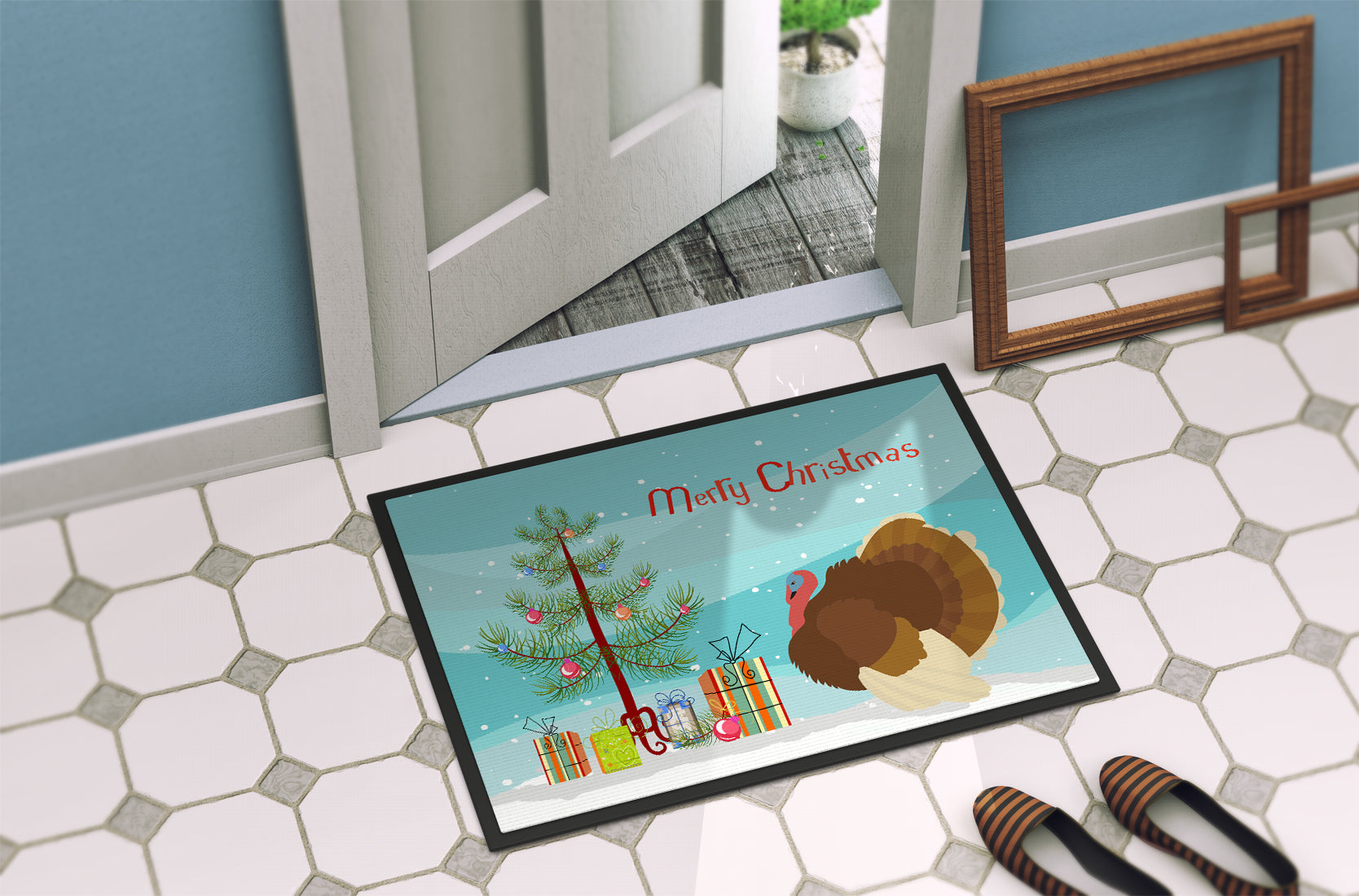 French Turkey Dindon Christmas Indoor or Outdoor Mat 18x27 BB9357MAT - the-store.com