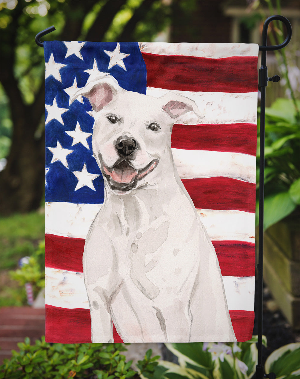 White Staffie Bull Terrier Patriotic Flag Garden Size BB9361GF  the-store.com.