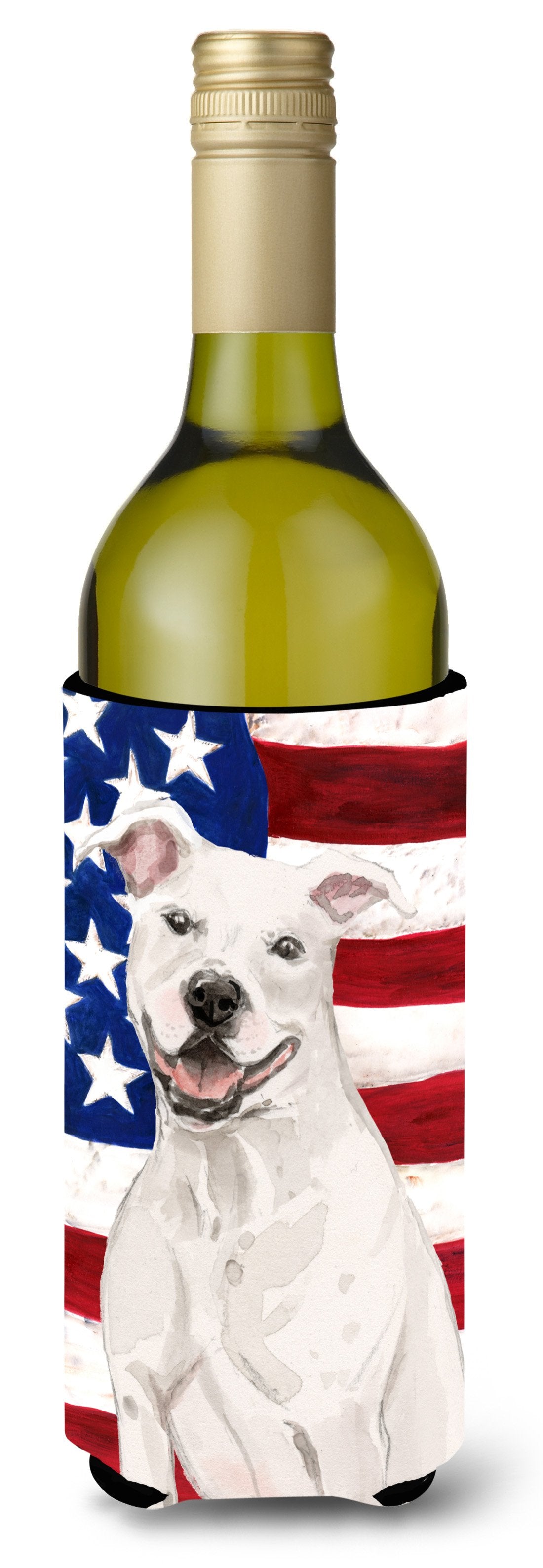 White Staffie Bull Terrier Patriotic Wine Bottle Beverge Insulator Hugger BB9361LITERK by Caroline&#39;s Treasures