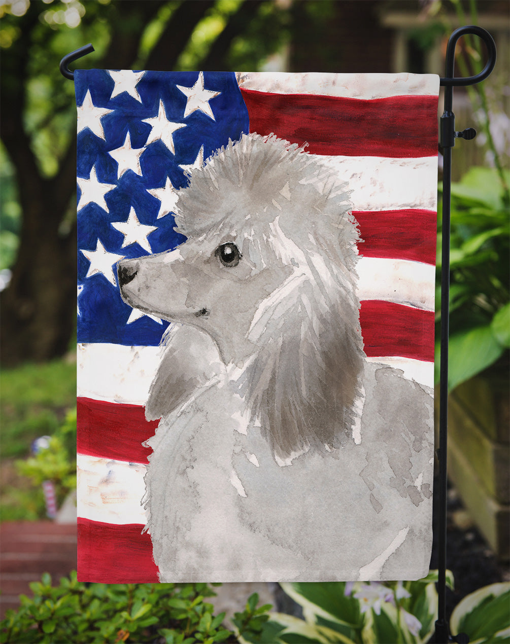 Grey Standard Poodle Patriotic Flag Garden Size BB9385GF