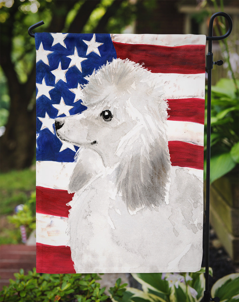 White Standard Poodle Patriotic Flag Garden Size BB9386GF