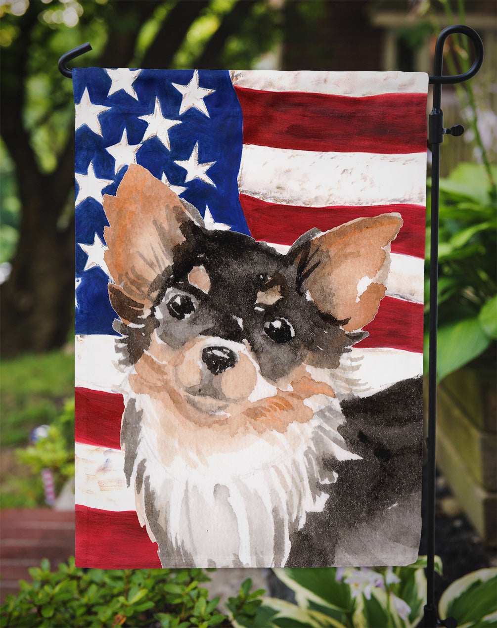 Long Haired Chihuahua Patriotic Flag Garden Size BB9389GF