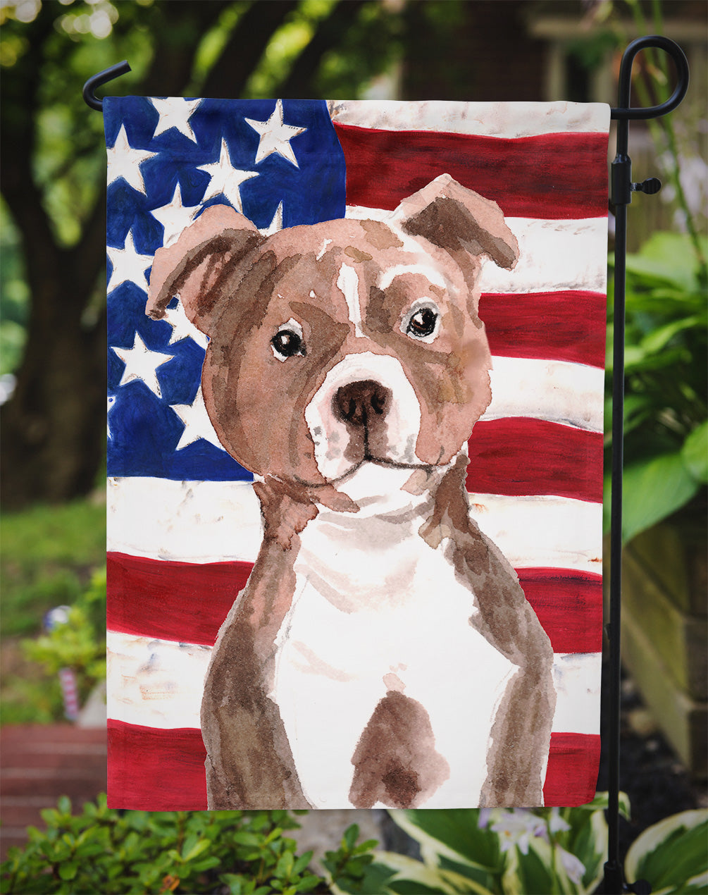 Red Staffie Bull Terrier Patriotic Flag Garden Size BB9392GF