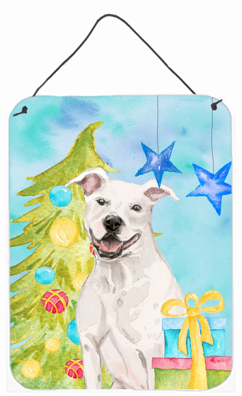 White Staffie Bull Terrier Christmas Wall or Door Hanging Prints BB9396DS1216 by Caroline's Treasures