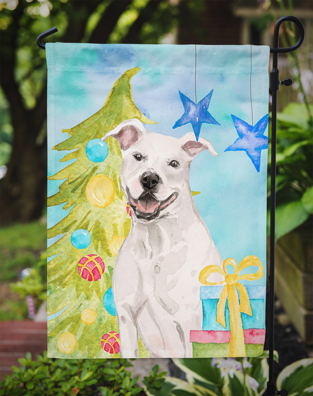 White Staffie Bull Terrier Christmas Flag Garden Size BB9396GF