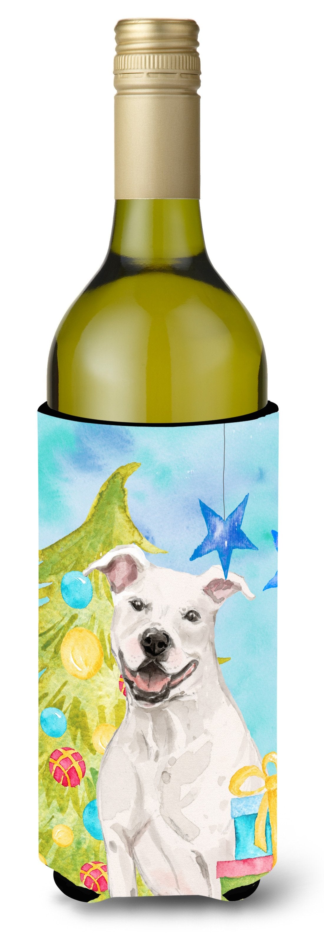 White Staffie Bull Terrier Christmas Wine Bottle Beverge Insulator Hugger BB9396LITERK by Caroline&#39;s Treasures