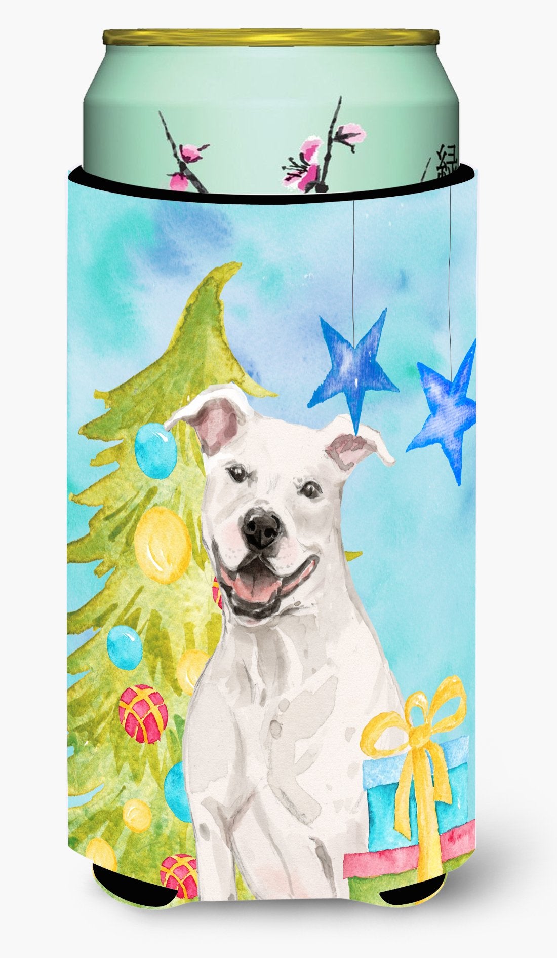 White Staffie Bull Terrier Christmas Tall Boy Beverage Insulator Hugger BB9396TBC by Caroline&#39;s Treasures