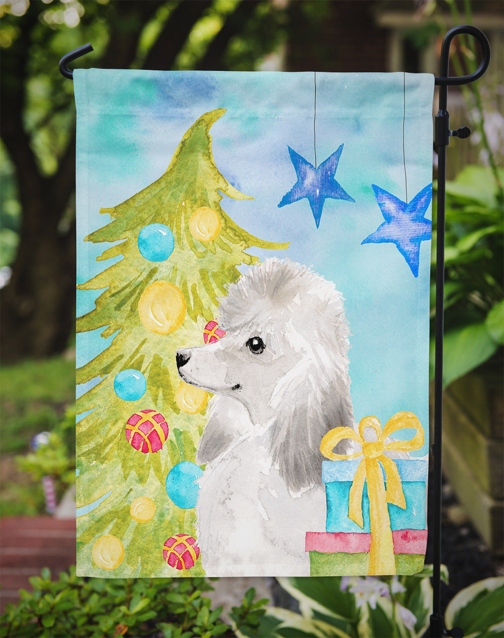 White Standard Poodle Christmas Flag Garden Size BB9421GF  the-store.com.