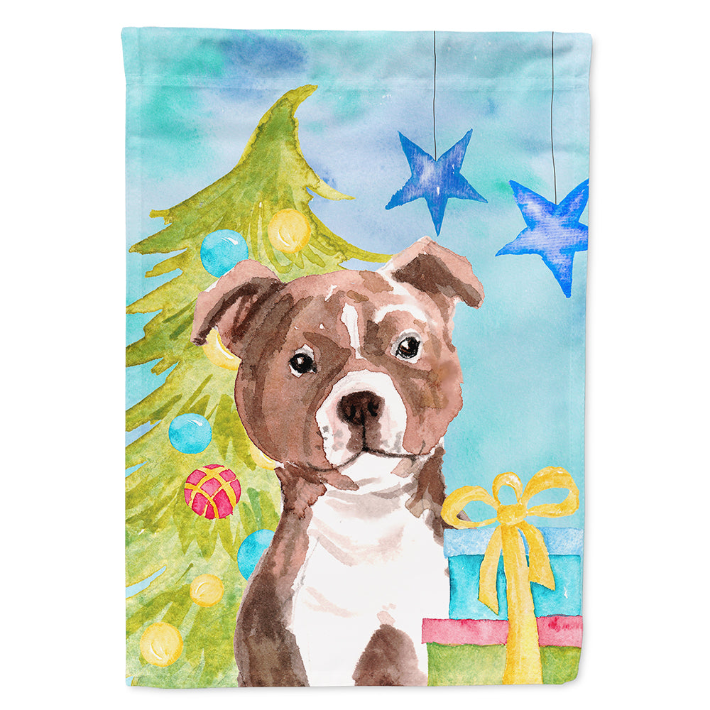Red Staffie Bull Terrier Christmas Flag Canvas House Size BB9427CHF  the-store.com.