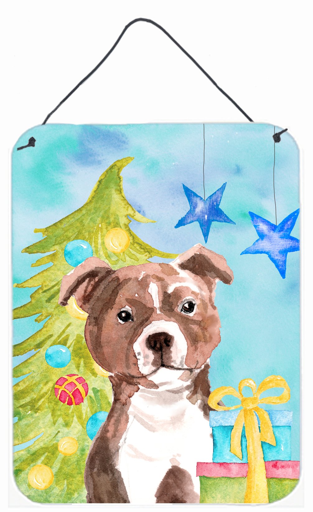 Red Staffie Bull Terrier Christmas Wall or Door Hanging Prints BB9427DS1216 by Caroline&#39;s Treasures