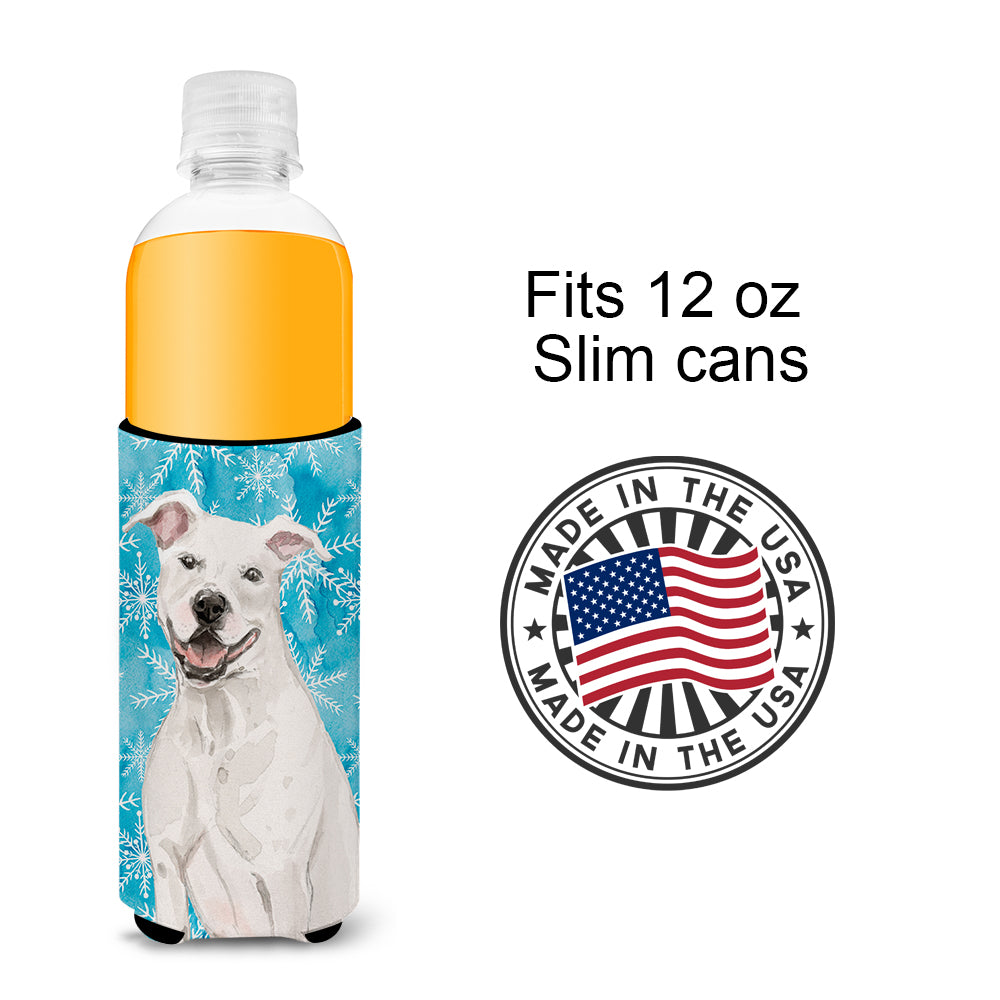 White Staffie Bull Terrier Winter  Ultra Hugger for slim cans BB9431MUK  the-store.com.