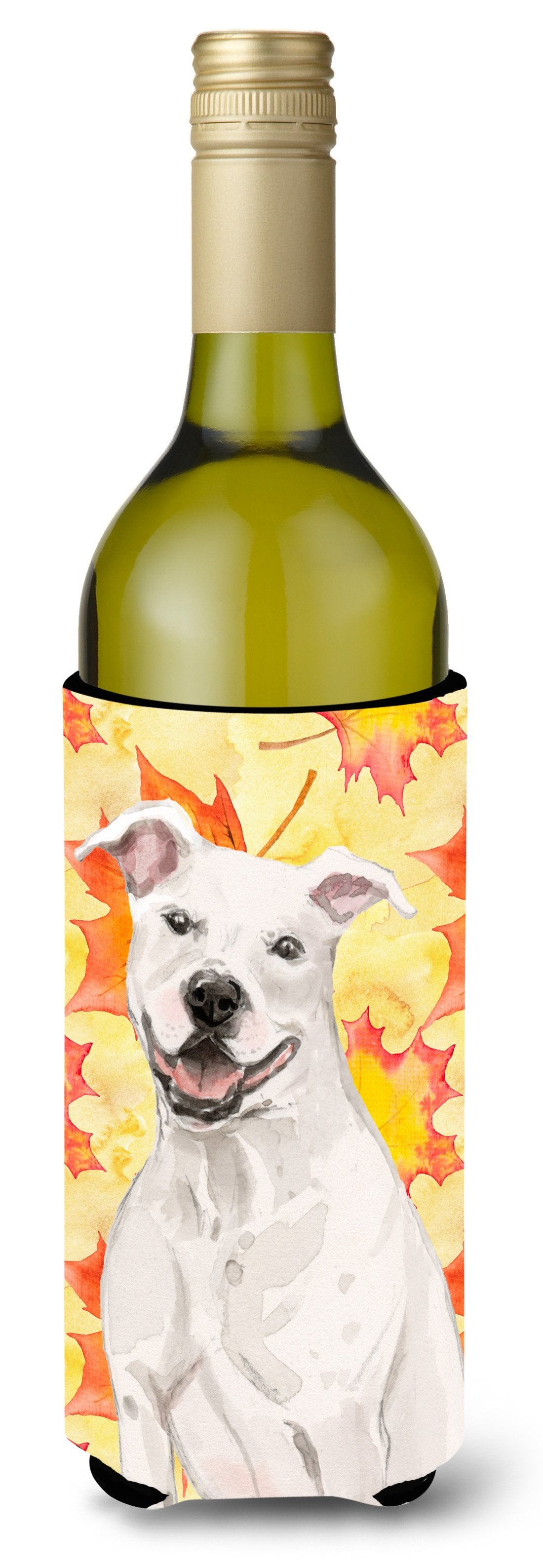 White Staffie Bull Terrier Fall Wine Bottle Beverge Insulator Hugger BB9501LITERK by Caroline&#39;s Treasures