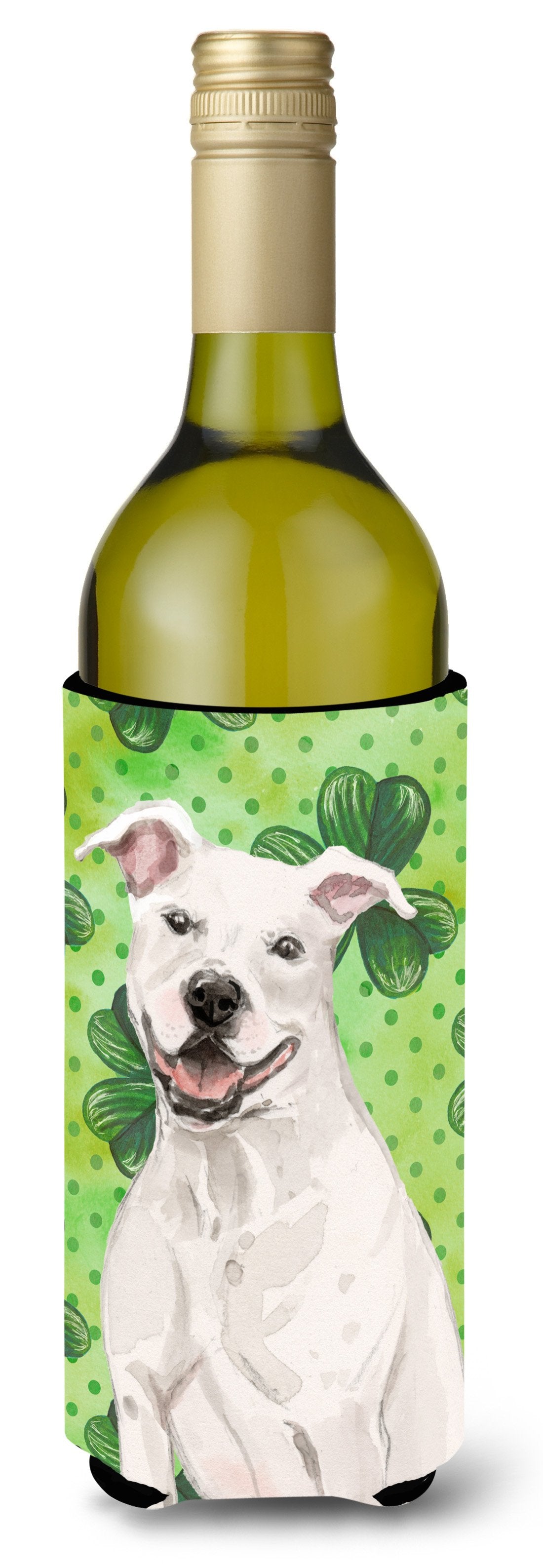 White Staffie Bull Terrier St. Patrick&#39;s Wine Bottle Beverge Insulator Hugger BB9536LITERK by Caroline&#39;s Treasures
