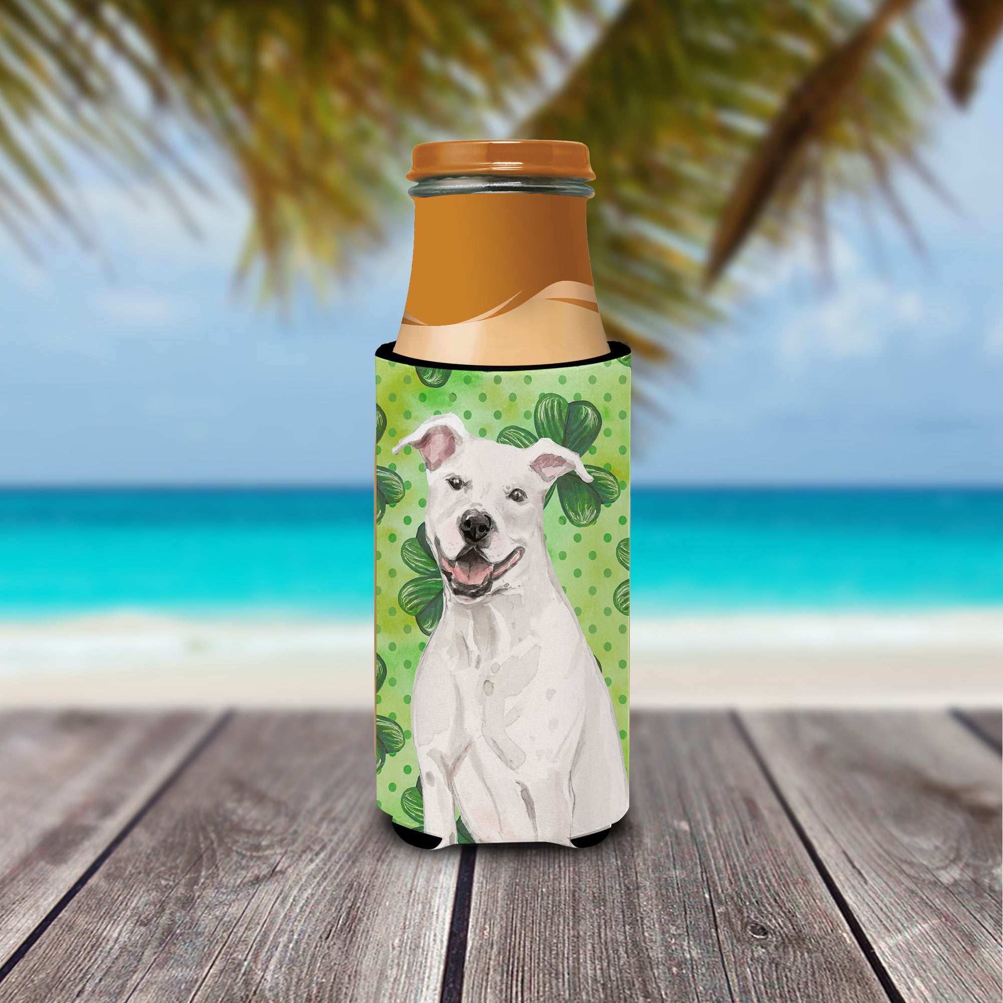 White Staffie Bull Terrier St. Patrick's  Ultra Hugger for slim cans BB9536MUK  the-store.com.
