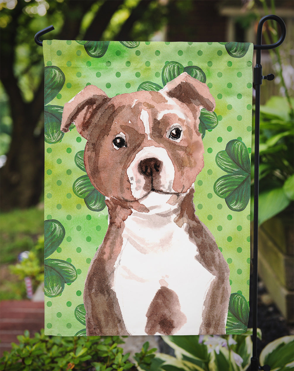 Red Staffie Bull Terrier St. Patrick's Flag Garden Size BB9567GF